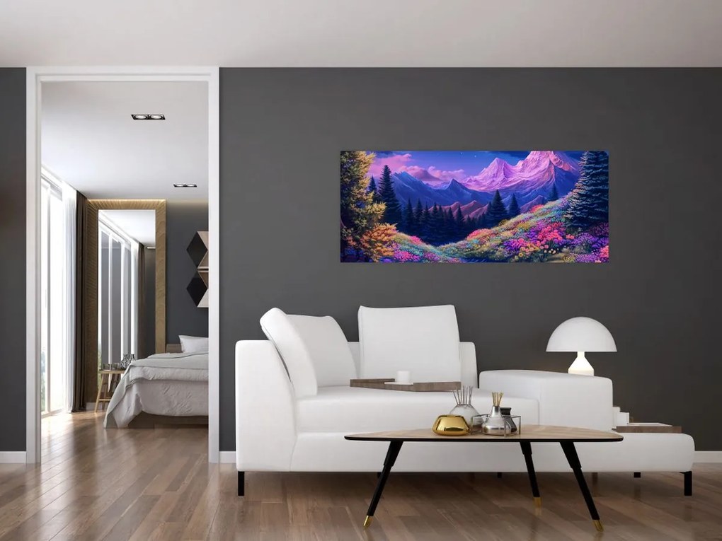 Obraz - Fialová krajina pri úplnku (120x50 cm)