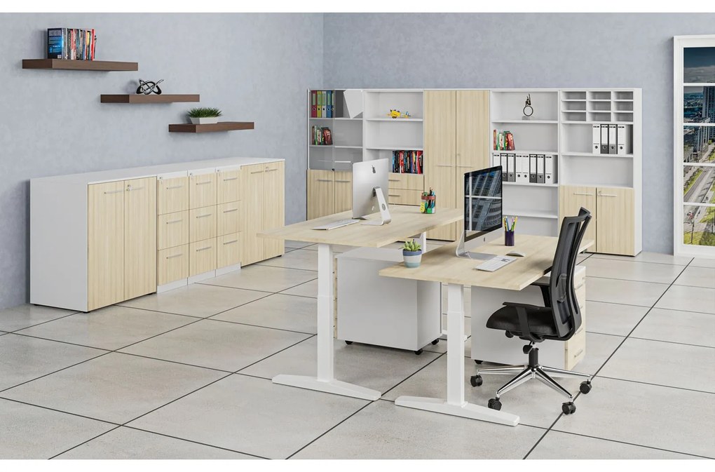 Kombinovaná kancelárska skriňa PRIMO WHITE, dvere na 2 poschodia, 2128 x 800 x 420 mm, biela/dub prírodná