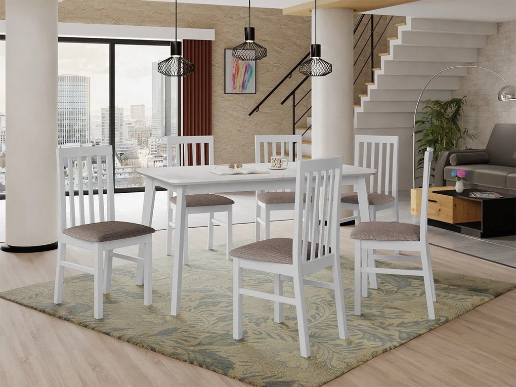 Rozkladací stôl so 6 stoličkami AL16, Morenie: biela, Poťahové látky: 25x - Paros 2, Farby nožičiek: čierna