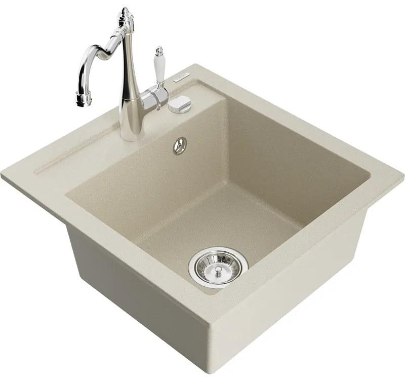 Mexen Vito, granitový drez 490x520x210 mm, 1-komorový a drezová batéria Carla, béžová, 6503-69-670700-00