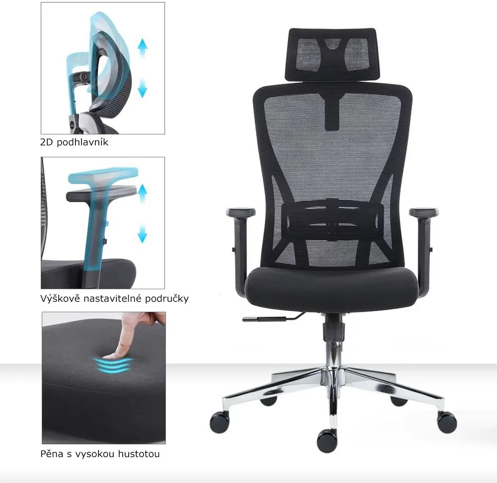 Kancelárska ergonomická stolička Neoseat FLEX PRO — sieť / látka, čierna, nosnosť 150 kg