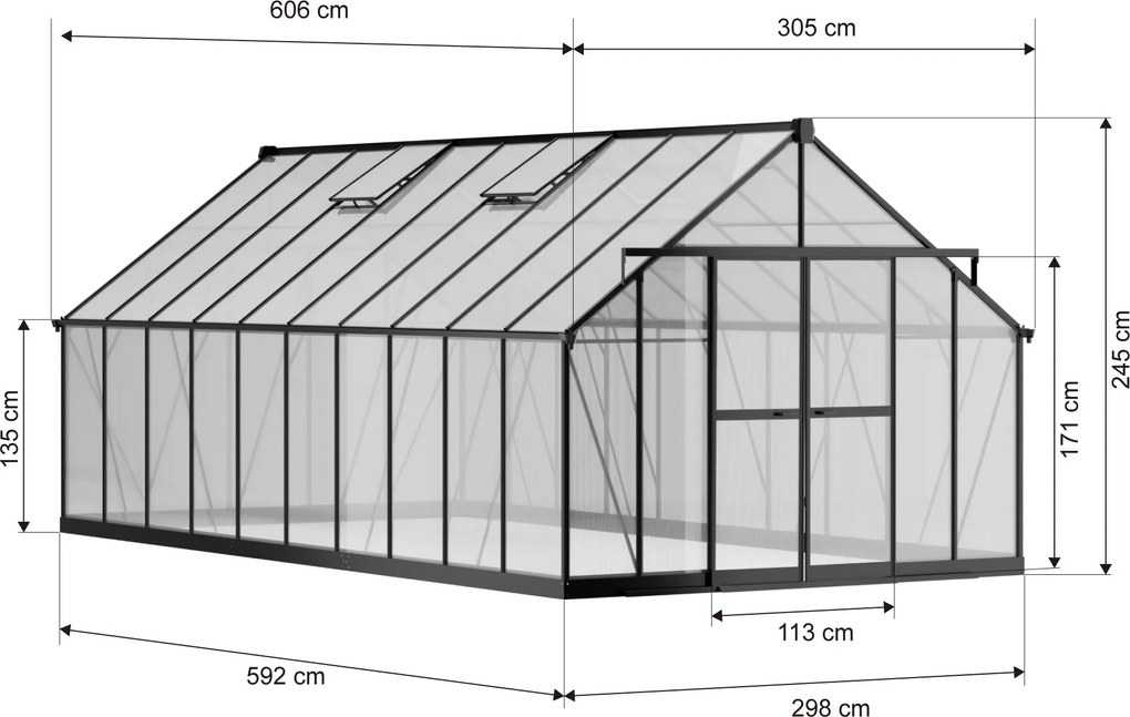 Skleník 245 x 305 x 606 cm, zosilnená konštrukcia, polykarbonát 6 mm