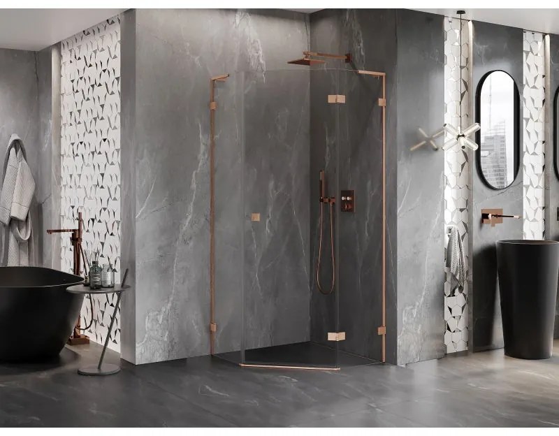 Mexen Lunar, L výklopný päťuholníkový sprchový kút pravý 90 x 90 cm, 8mm číre sklo, profil medená matná, 831L-090P-090L-65-00-P