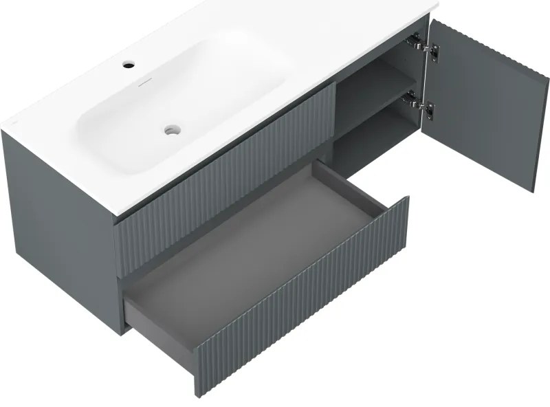 Mexen Rivel, kúpeľňová skrinka 120 cm s ľavým umývadlom Vela, 2S, 1D, drážkovaná, grafitová/biela matná, 91A23-12047-3-BBFFF66-W23L01