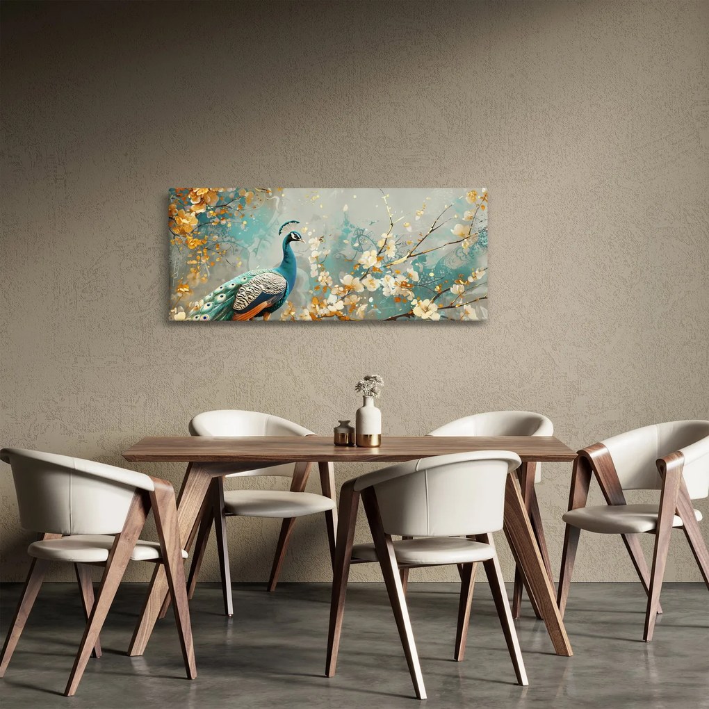 Obraz - Páv so zlatým dekorom (120x50 cm)