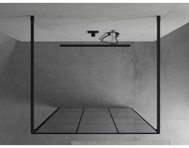 Mexen Kioto, priechodná sprchová zástena 110 x 200 cm, 8mm sklo číre/čierny vzor, 2x čierna stabilizačná rozpera, 800-110-002-70-77