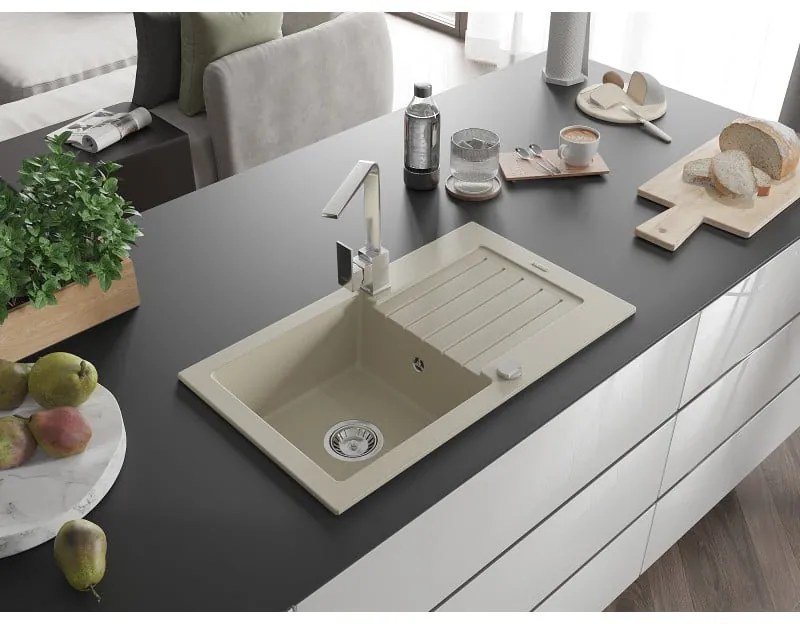 Mexen Pablo, granitový drez 752x436x161 mm, 1-komorový a chrómová batéria Rita, béžová, 6510-69-670300-00