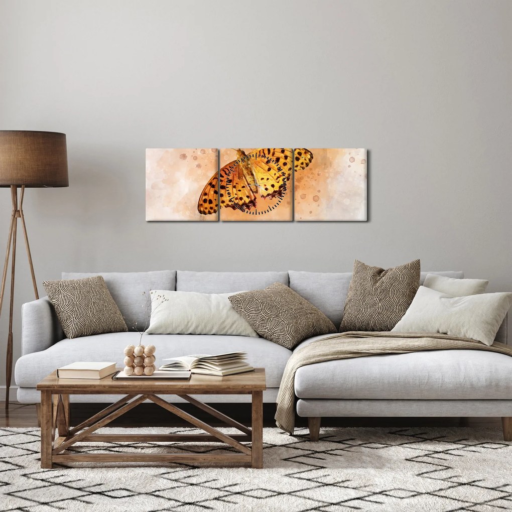 Obraz - Oranžový motýľ, aquarel (s hodinami) (90x30 cm)