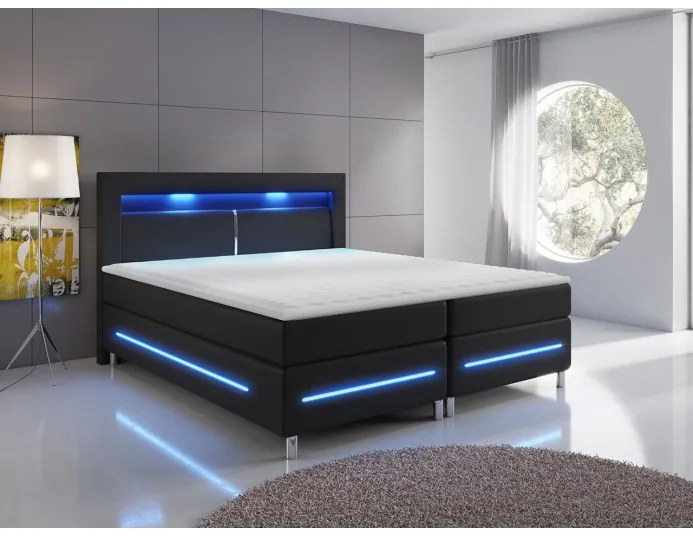 Boxspringová manželská posteľ s LED osvetlením 140x200 GALWAY - čierna ekokoža + topper ZDARMA