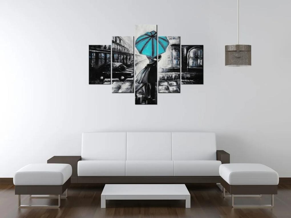 Gario Ručne maľovaný obraz Tyrkysový bozk v daždi - 5 dielny Rozmery: 150 x 70 cm