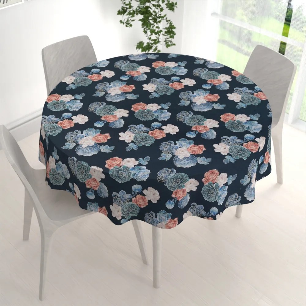 Biante Teflónový okrúhly obrus TF-060 Modré a červené ruže na tmavo modrom Ø 80 cm