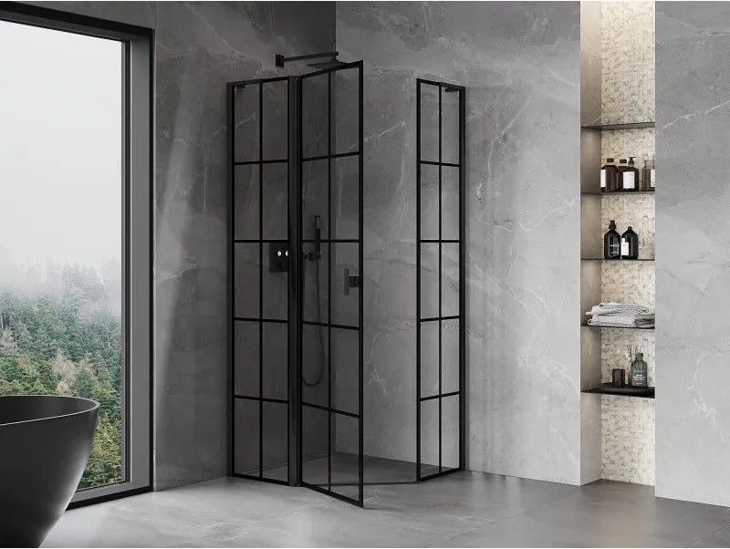 Mexen Mist L, päťuholníkový sprchový kút s krídlovými dverami, 100 x 100 cm, 8mm číre sklo, čierny profil, 8A8L-100-100-70-77-L