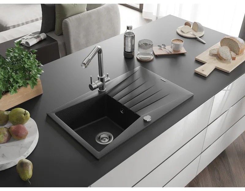 Mexen Cesar, granitový drez 775x470x190 mm, 1-komorový a chrómová batéria Duero, čierna škvrnitá, 6514-73-671600-00
