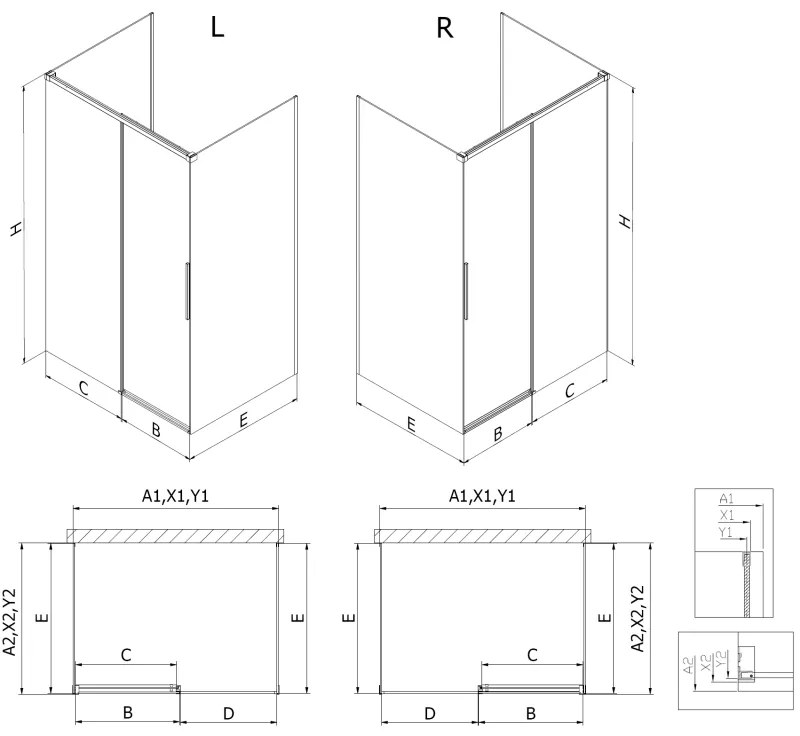 Mexen Rox-3S, 3-stenný sprchový kút 150 x 80 cm, 8mm číre sklo, ružové zlato profil, 8C2-150-080-60-00-3S