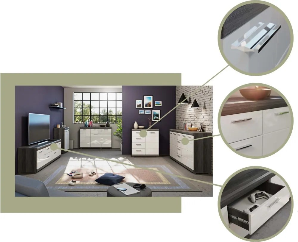 Široká komoda Scout, 165 cm, sivý dub/biely lesk