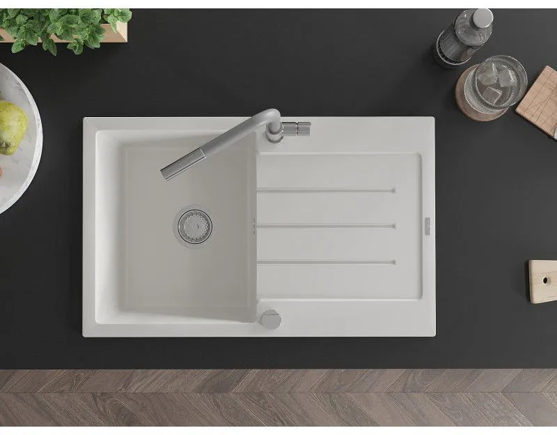 Mexen Bruno, 1-komorový granitový drez 795x495x200 mm a drezová batéria Flora, biela, 6513-20-670401-06