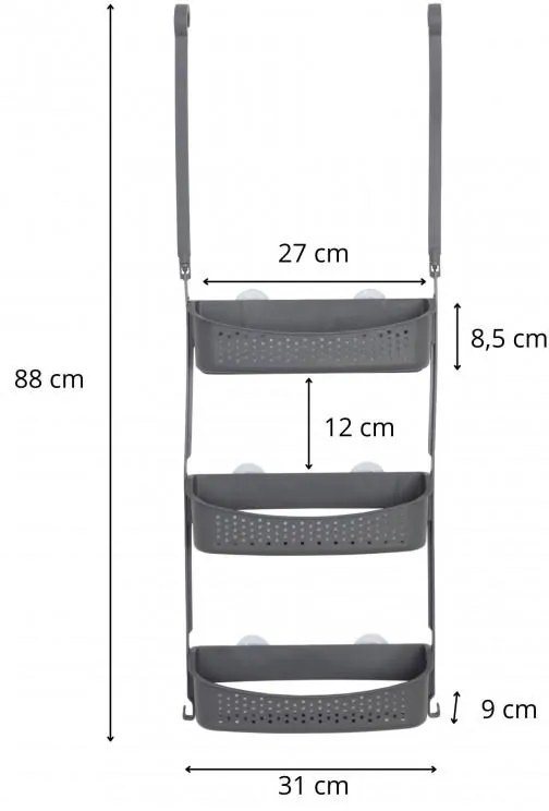 Erga Wiki, závesný organizér do kúpeľne z PVC, 3 police, šedá, ERG-YKA-CH.WIKI-3-GRY