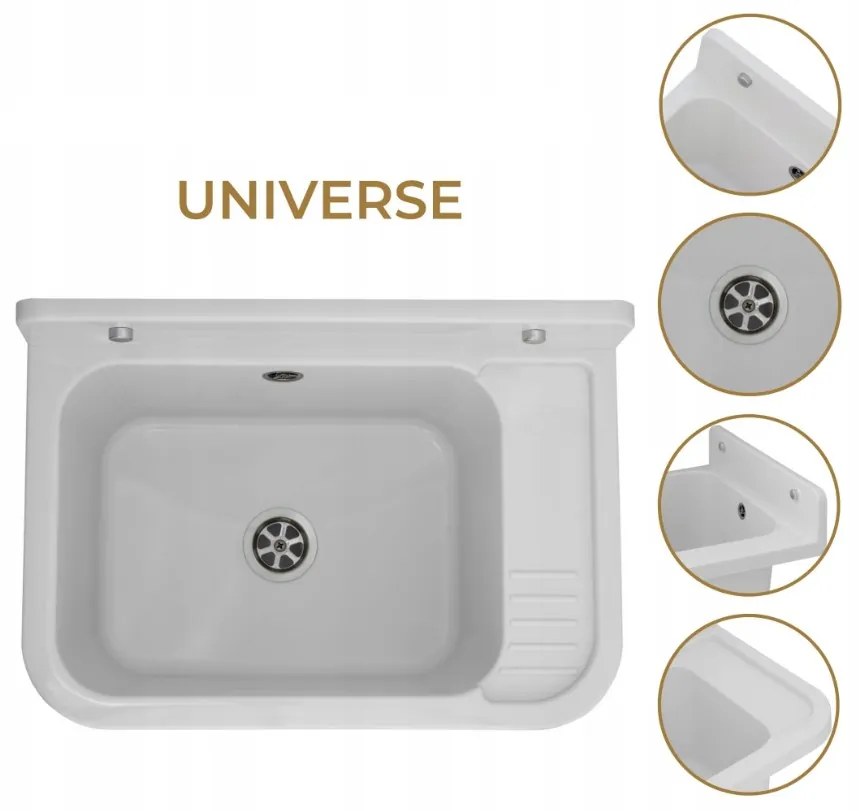 Sink Quality Universe, univerzálna plastová výlevka 50x34x31 cm + sifón, 1-komorová, biela, SKQ-KGK50-WH