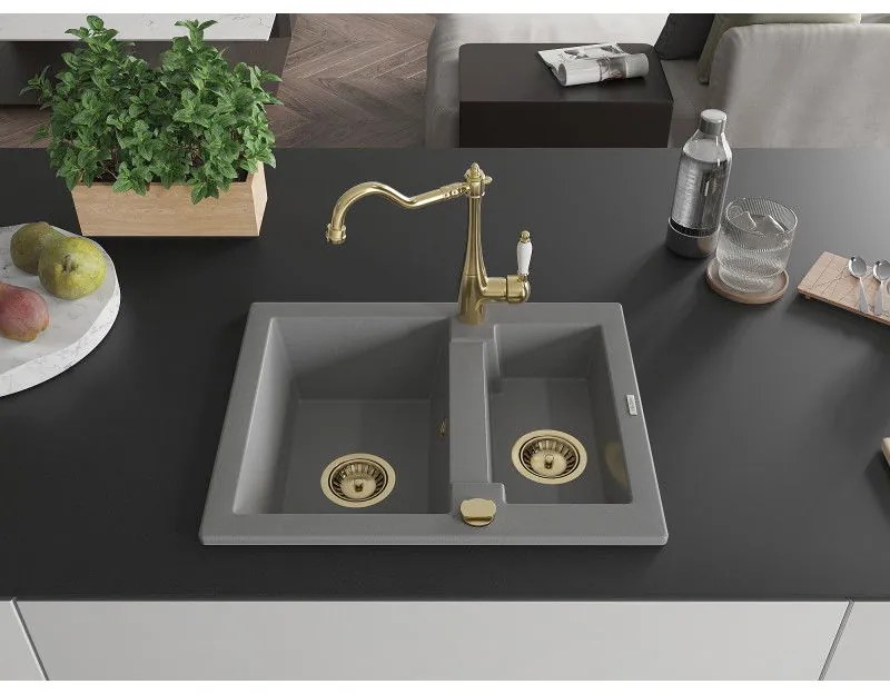 Mexen Carlos, granitový drez 582x475x177 mm, 1,5-komorový a drezová batéria Carla, šedá, 6518-71-670700-50