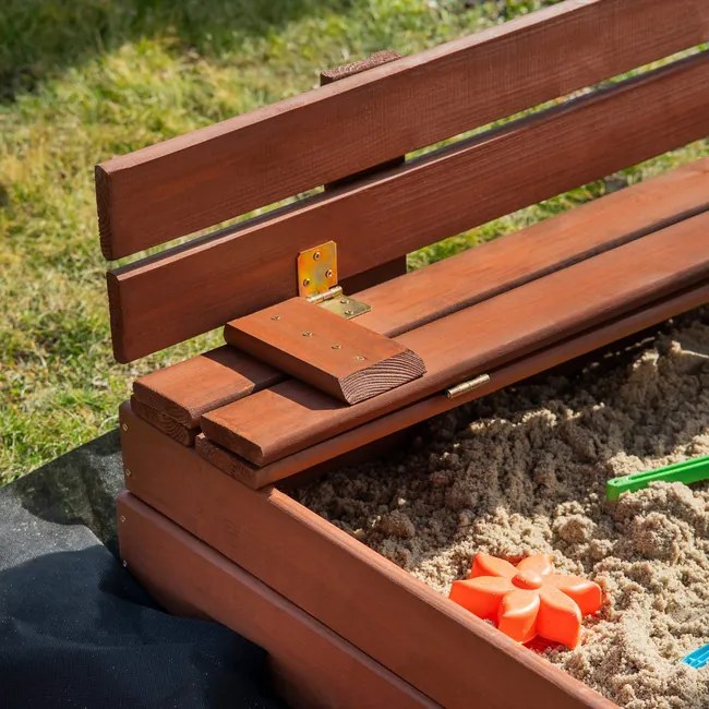 SPRINGOS Uzavreté drevené pieskovisko s lavičkami 120x120 cm – impregnované drevo, s plachtou a netkanou textíliou SBP120SET02