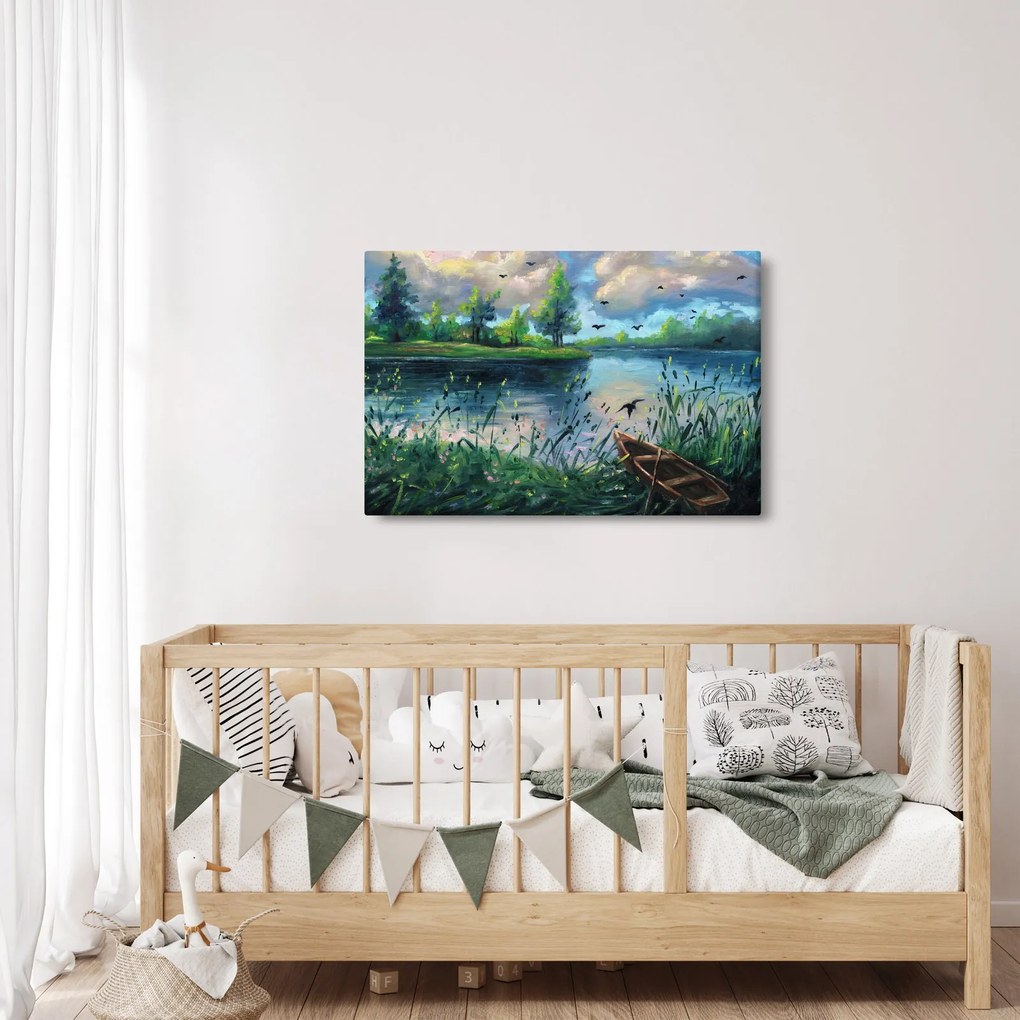 Obraz - Olejomaľba, Letný podvečer pri jazere (90x60 cm)