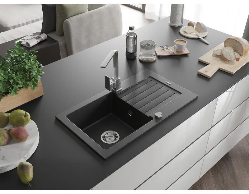 Mexen Pablo, granitový drez 752x436x161 mm, 1-komorový a chrómová batéria Rita, čierna, 6510-77-670300-00