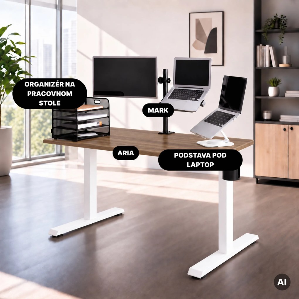 Elektrický stôl s nastaviteľnou výškou ergonomický biely/orech,1200x600 mm: ARIA