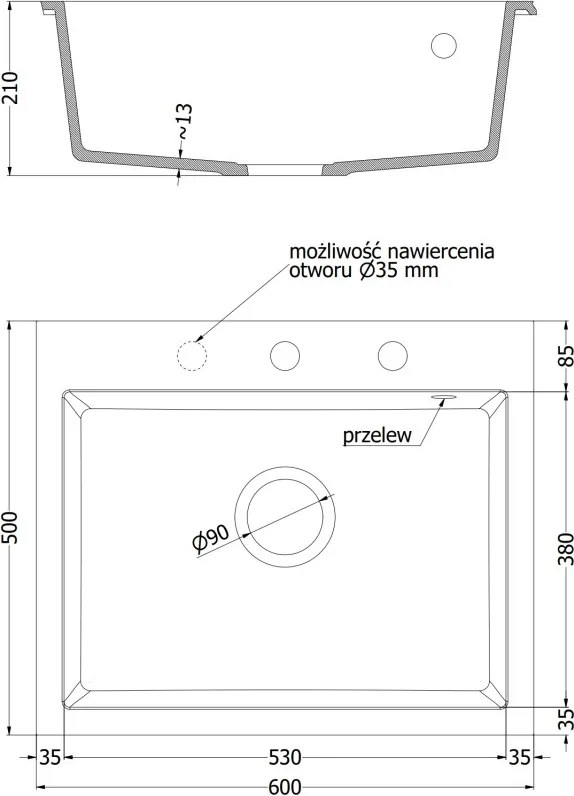 Mexen Elix granitový drez, 1-komorový, 600 x 500 mm, biely, zlatý sifón - 6525601005-20-G