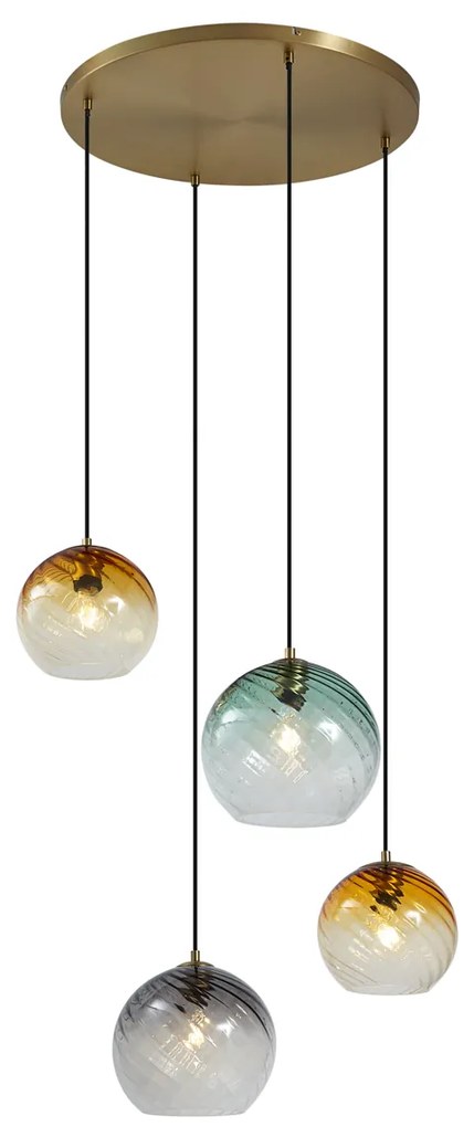 Závesná lampa bronzová s dymovým jantárovým a zeleným sklom okrúhla 4-svetlá - Bao