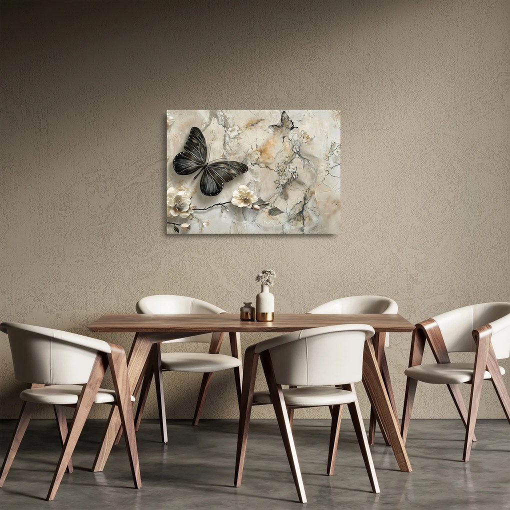 Sklenený obraz - Mramorové pozadie s motýľmi (70x50 cm)