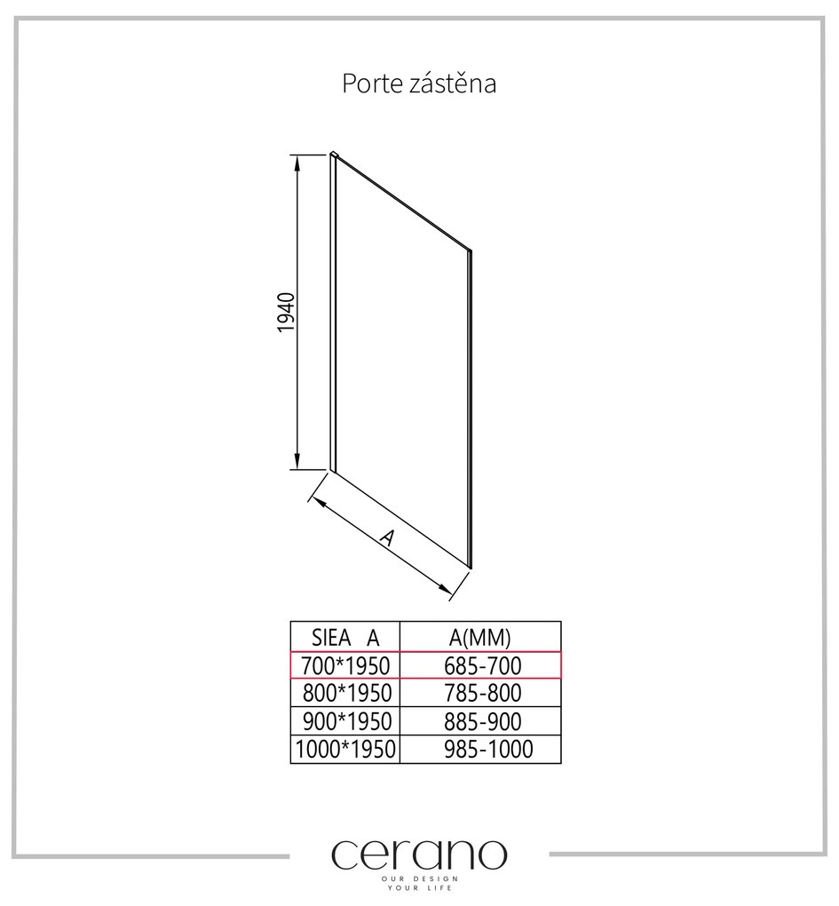 Cerano Porte, sprchová zástena ku sprchovému kútu 70x195 cm, 8mm číre sklo, chrómový profil, CER-CER-413423