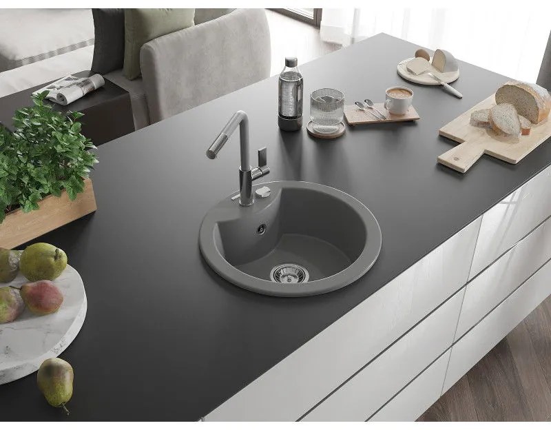 Mexen Diego, 1-komorový granitový drez 488x488x167 mm a drezová batéria Flora, šedá, 6512-71-670401-06