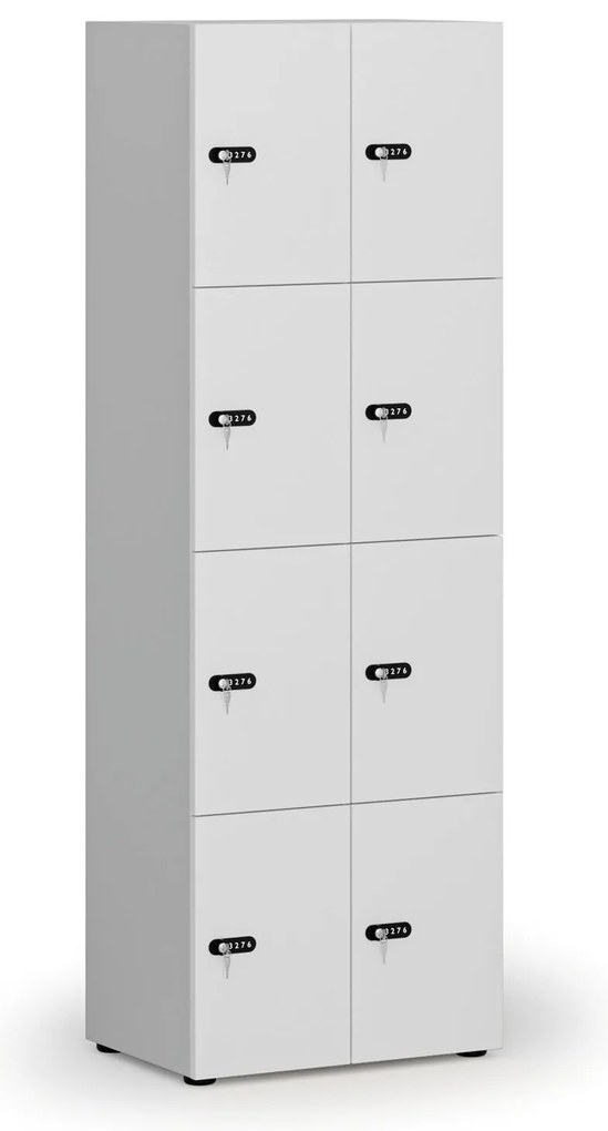 Drevená šatníková skrinka s úložnými boxmi, 8 boxov, mechanický kódový zámok, sivá/biela