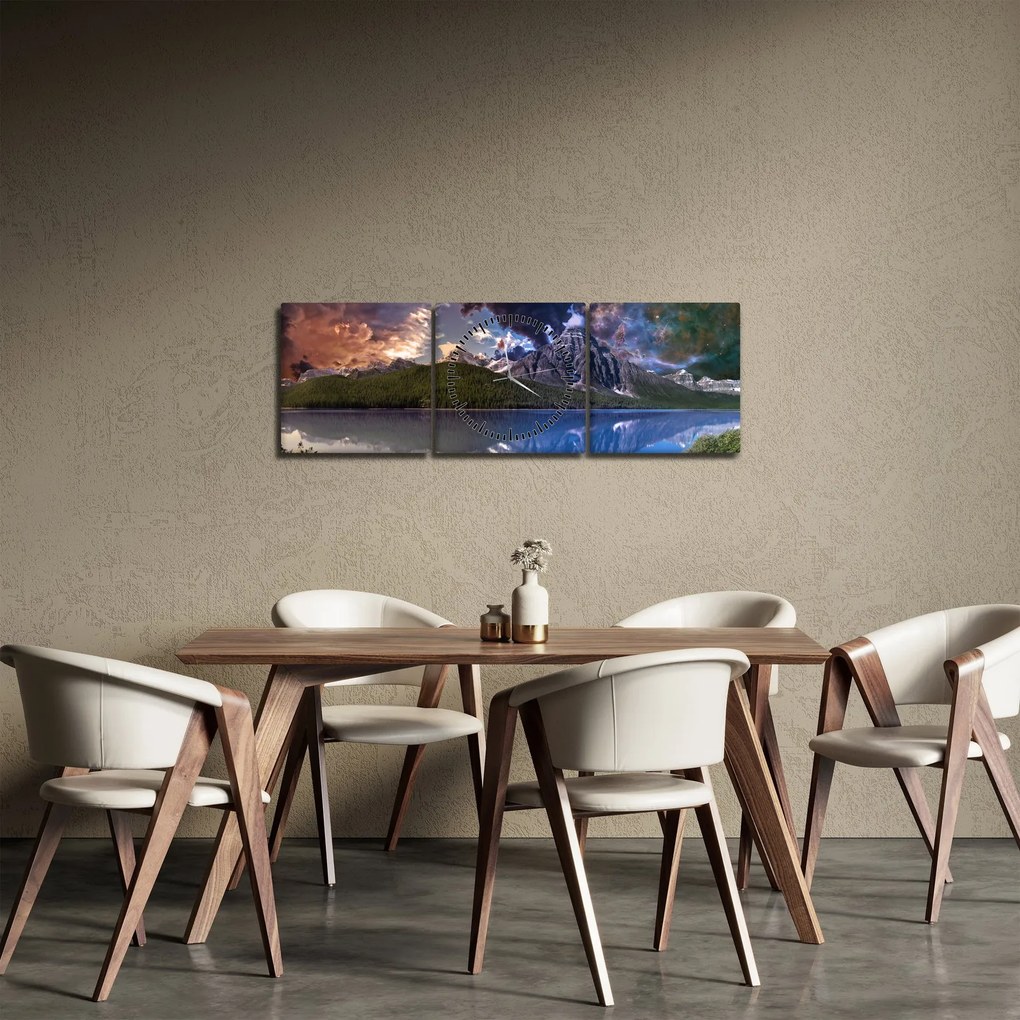 Obraz jazera a hôr (s hodinami) (90x30 cm)