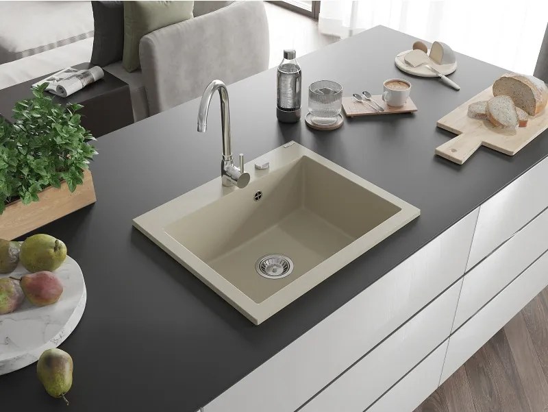Mexen Elix kuchynský drezu z granitu 1-komorový 600 x 500 mm, béžový, sifón chróm - 6525601005-69