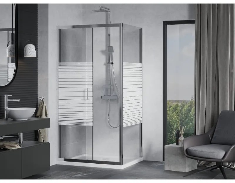 Mexen Apia, sprchový kút s posuvnými dverami 120 (dvere) x 90 (stena) cm, 6mm číre-pásy sklo, chrómový profil + slim sprchová vanička 5cm, 840-120-090-01-20-4010