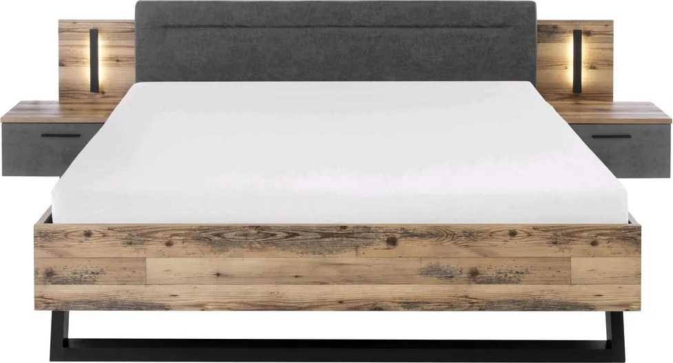 Posteľ s nočnými stolíkmi Sarnia 180x200 cm, zrubová doska/tmavý betón