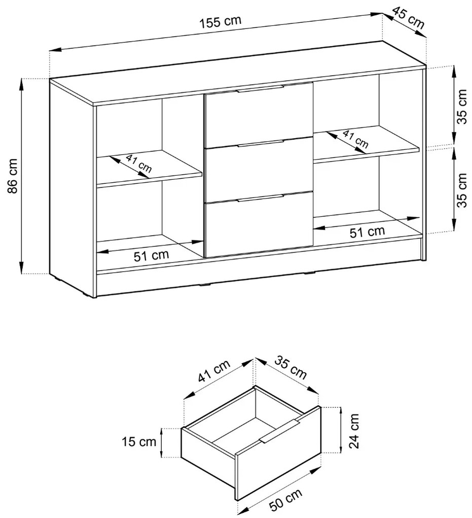 KOMODA LETIZIA S LAMELAMI KAŠMÍR / ČIERNA 155 cm