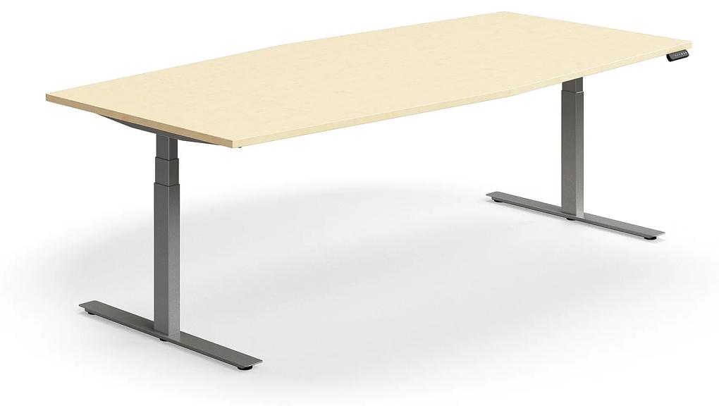Výškovo nastaviteľný rokovací stôl QBUS, ovál, 2400x1200 mm, strieborný rám, breza