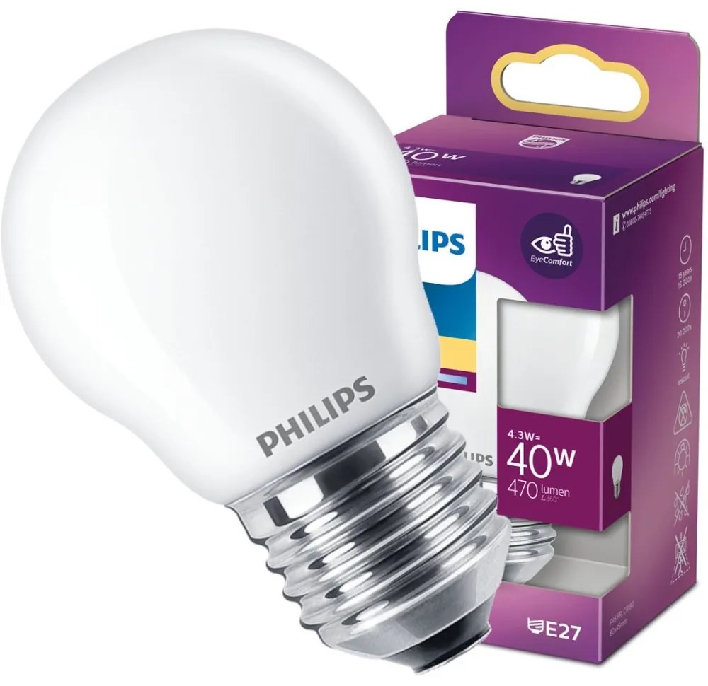 LED žiarovka E27 P45 4,3W = 40W 470lm 2700K teplá PHILIPS