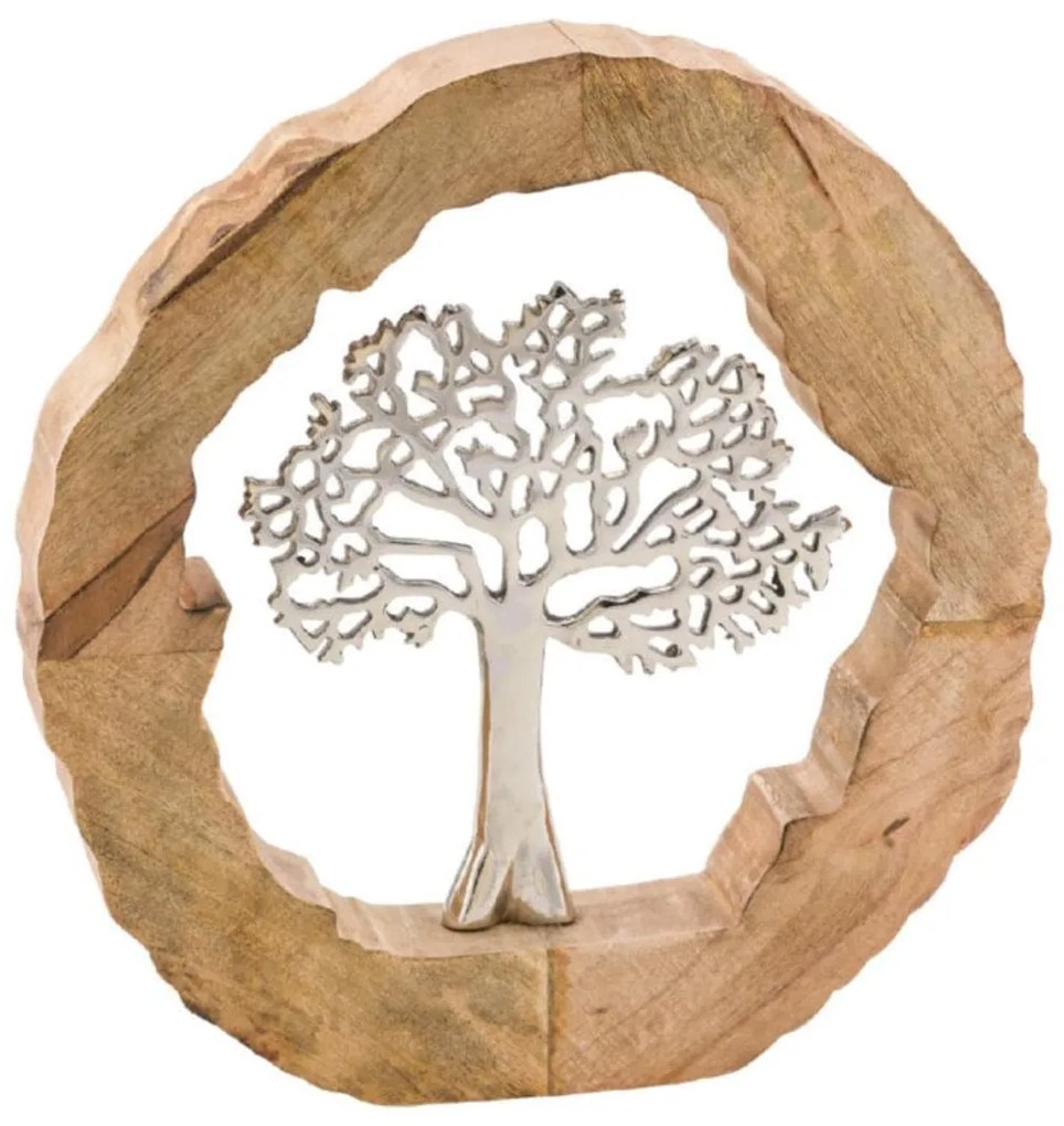 Dekorácie kovový strom v drevennom kruhu, 39 x 37 x 6 cm