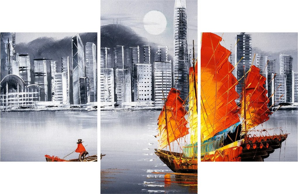 Obraz - Victoria Harbor, Hong Kong, čiernobiela olejomaľba (90x60 cm)