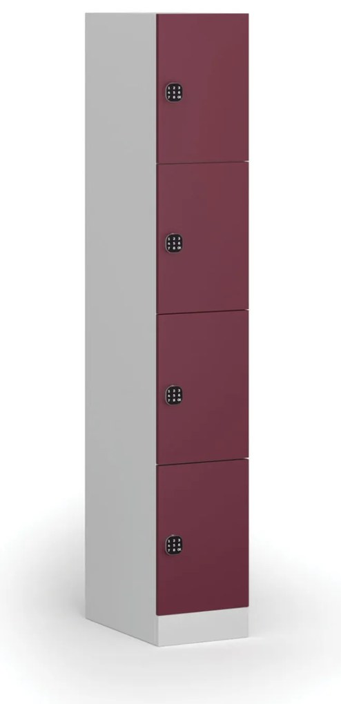 Šatníková skrinka S1 s úložnými boxmi, 4 boxy, 1850 x 300 x 500 mm, demont, kódový zámok, červené dvere