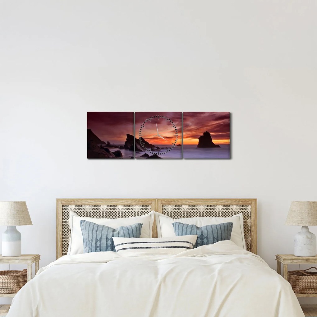 Obraz západu slnka na pobreží (s hodinami) (90x30 cm)