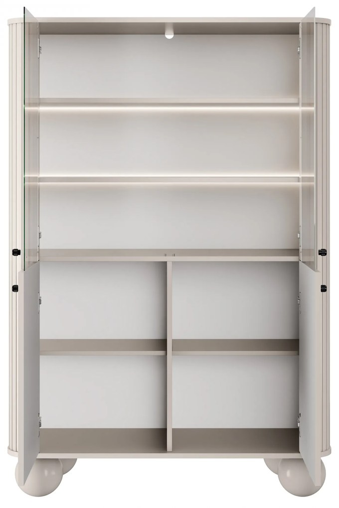 Vitrína Vesper 103 cm štvordverová - kašmír / čierne úchytky / guľaté nohy