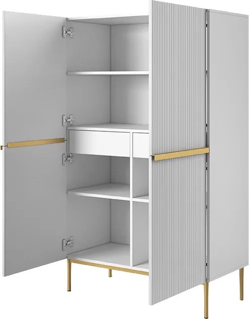 Vysoká komoda Nicole 100 cm s dvoma dverami a ryhovaným čelom - biely mat / zlaté nohy