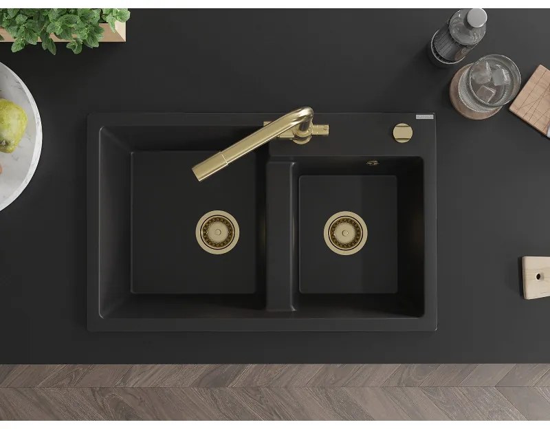 Mexen Tomas, granitový drez 800x500x190 mm, 2-komorový a zlatá batéria Duero, čierna, 6516-77-671600-50