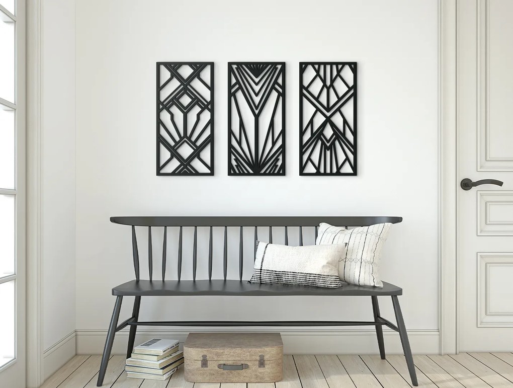 drevko 3-dielny abstraktný obraz Geometrické tvary Rozmer obrazu: 37 x 65 cm, Farba dekorácie: Čierna