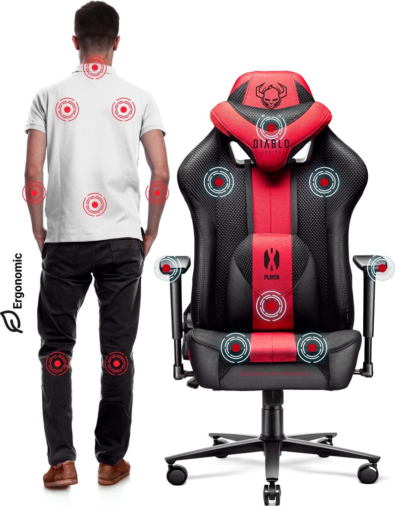Herné kreslo s látkovým poťahom, veľkosť Normal Size, karmínový-antracitový: Diablo X-Player 2.0