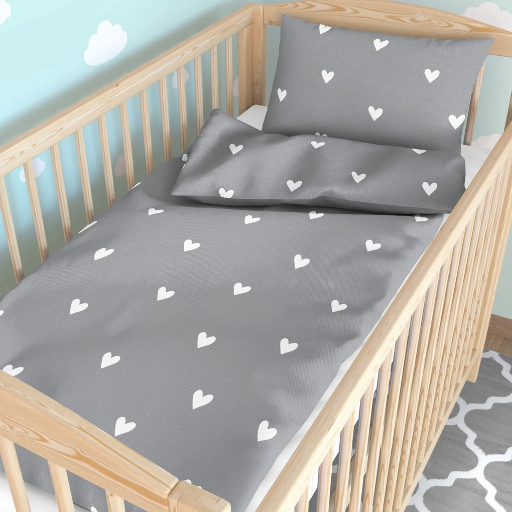 Goldea detské bavlnené obliečky do postieľky - srdiečka na sivom 90 x 130 a 40 x 60 cm